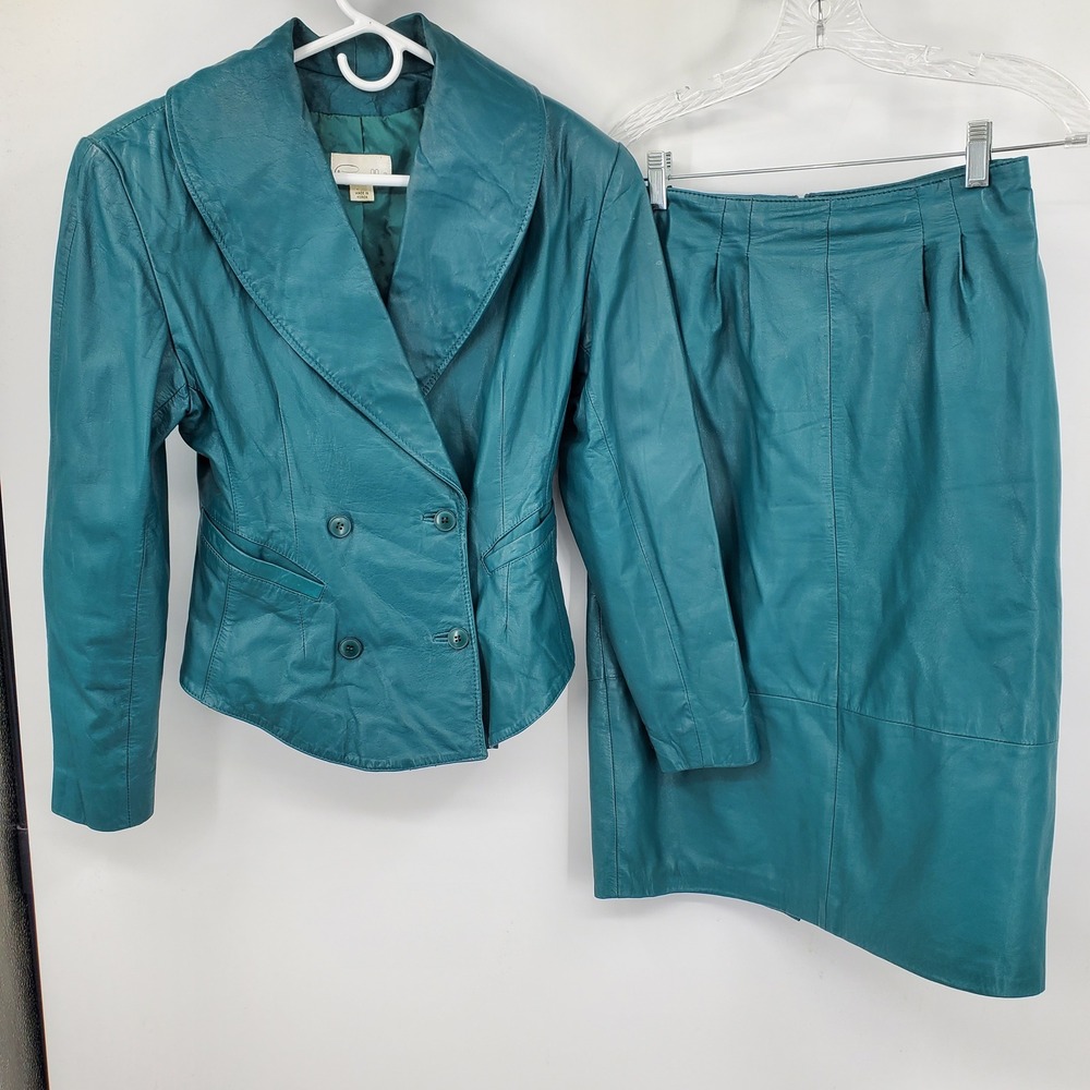 Pappagallo Vintage Teal Leather Skirt Suit Set Double Breasted Blazer Small 6